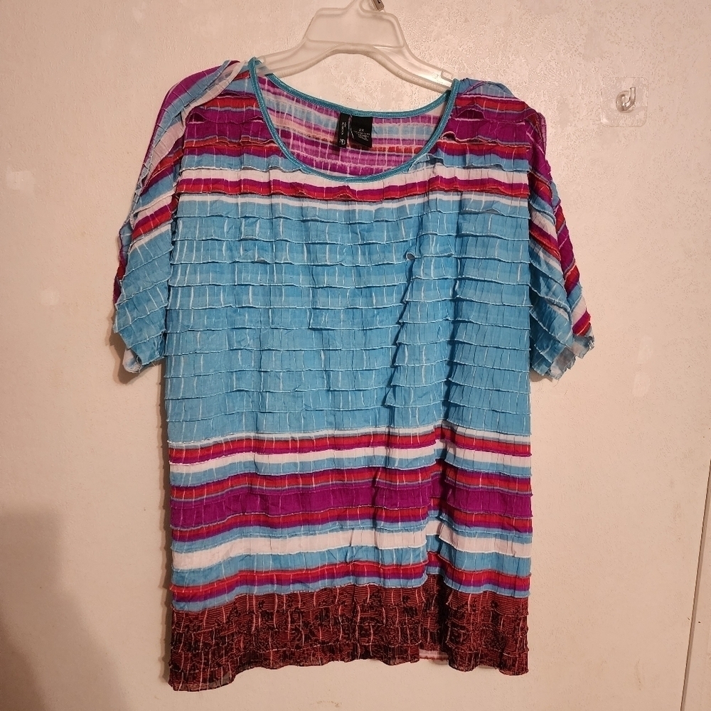 New Directions Multicolored Pleated Short Sleeve Top Size 2X